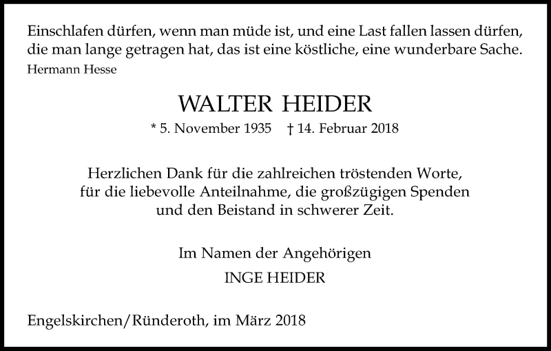  Traueranzeige für Walter Heider vom 21.03.2018 aus Kölner Stadt-Anzeiger / Kölnische Rundschau / Express