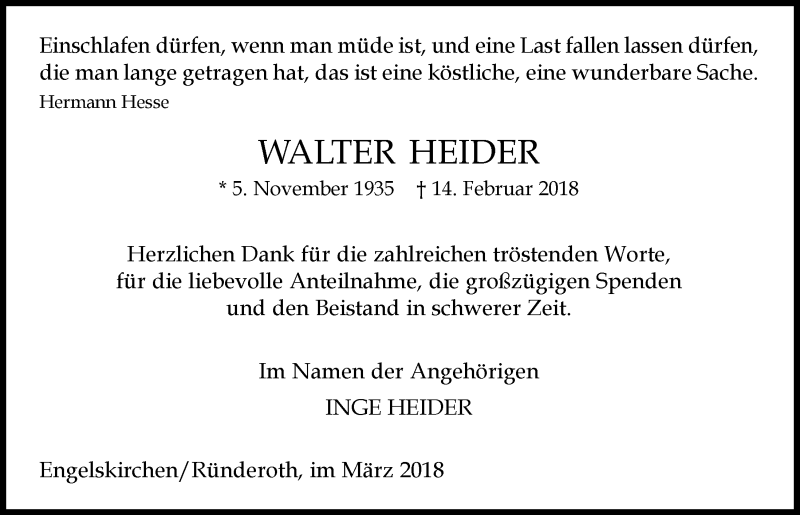  Traueranzeige für Walter Heider vom 21.03.2018 aus  Anzeigen Echo 