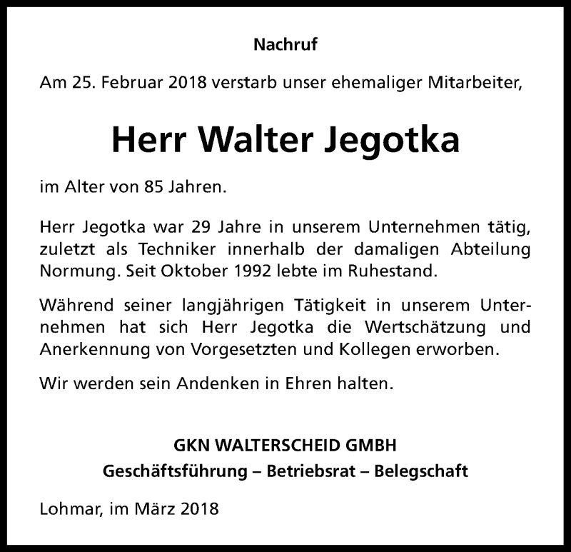  Traueranzeige für Walter Jegotka vom 12.03.2018 aus Kölner Stadt-Anzeiger / Kölnische Rundschau / Express