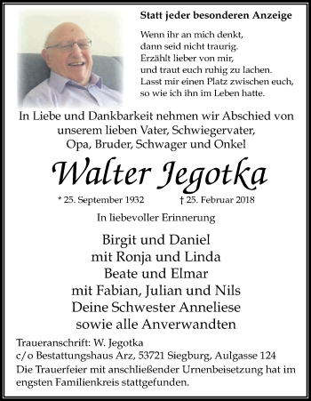 Anzeige von Walter Jegotka von Kölner Stadt-Anzeiger / Kölnische Rundschau / Express