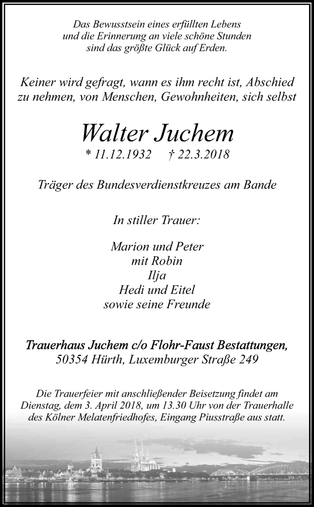  Traueranzeige für Walter Juchem vom 29.03.2018 aus Kölner Stadt-Anzeiger / Kölnische Rundschau / Express