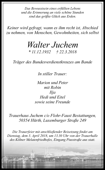Anzeige von Walter Juchem von Kölner Stadt-Anzeiger / Kölnische Rundschau / Express
