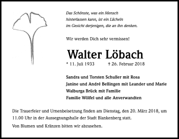 Anzeige von Walter Löbach von Kölner Stadt-Anzeiger / Kölnische Rundschau / Express