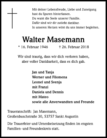 Anzeige von Walter Masemann von Kölner Stadt-Anzeiger / Kölnische Rundschau / Express