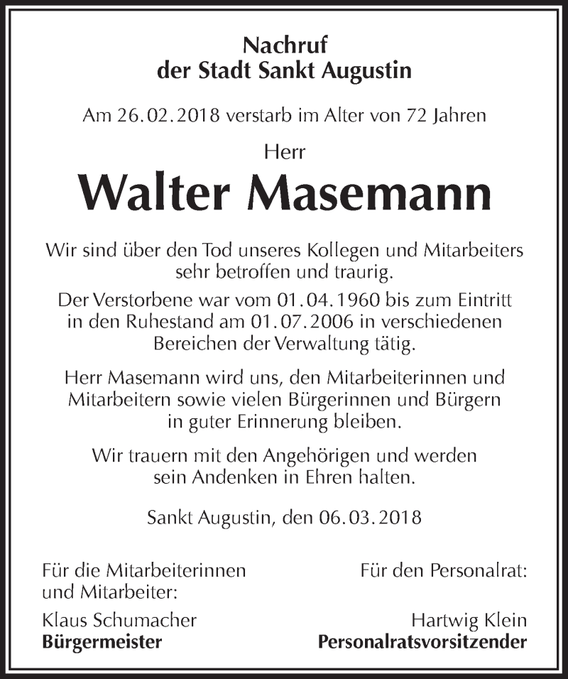  Traueranzeige für Walter Masemann vom 14.03.2018 aus  Extra Blatt 