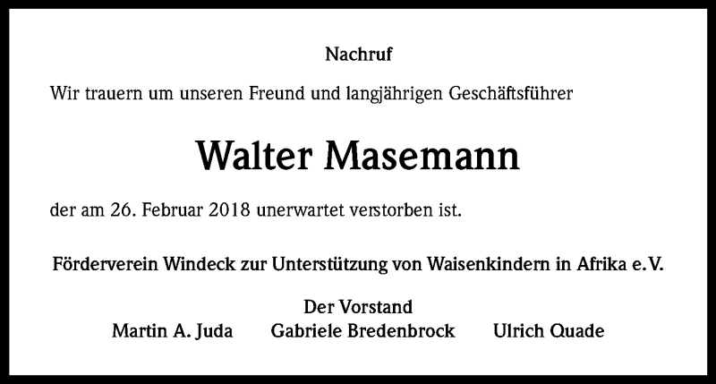  Traueranzeige für Walter Masemann vom 10.03.2018 aus Kölner Stadt-Anzeiger / Kölnische Rundschau / Express