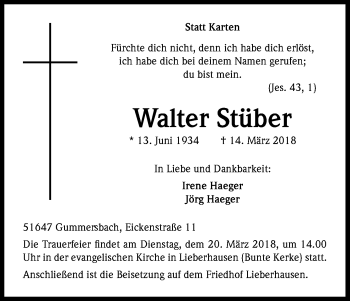 Anzeige von Walter Stüber von Kölner Stadt-Anzeiger / Kölnische Rundschau / Express
