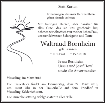 Anzeige von Waltraud Bornheim von  Schlossbote/Werbekurier 