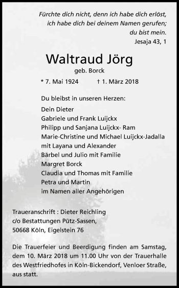 Anzeige von Waltraud Jörg von Kölner Stadt-Anzeiger / Kölnische Rundschau / Express