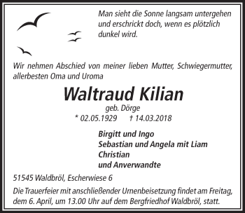 Anzeige von Waltraud Kilian von  Lokalanzeiger 