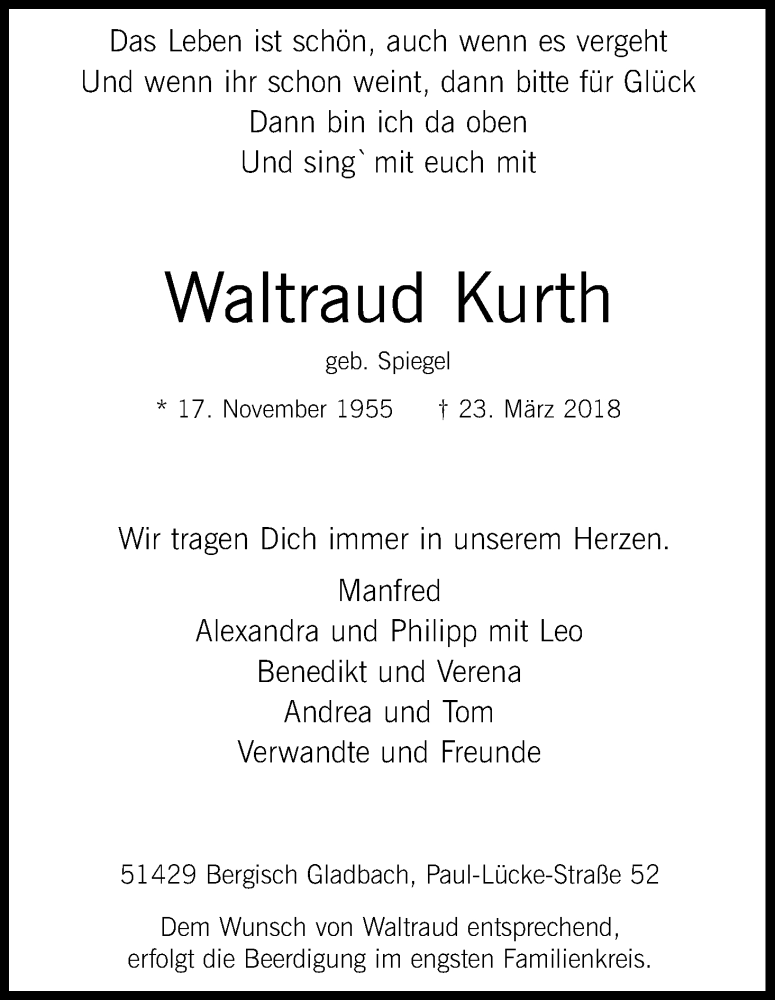  Traueranzeige für Waltraud Kurth vom 31.03.2018 aus Kölner Stadt-Anzeiger / Kölnische Rundschau / Express