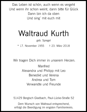 Anzeige von Waltraud Kurth von Kölner Stadt-Anzeiger / Kölnische Rundschau / Express