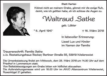 Anzeige von Waltraud Satke von  Blickpunkt Euskirchen 