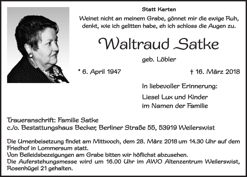  Traueranzeige für Waltraud Satke vom 24.03.2018 aus  Blickpunkt Euskirchen 