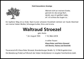 Anzeige von Waltraud Stroezel von Kölner Stadt-Anzeiger / Kölnische Rundschau / Express