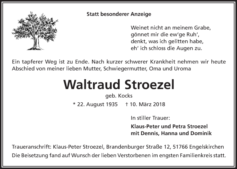  Traueranzeige für Waltraud Stroezel vom 21.03.2018 aus  Anzeigen Echo 