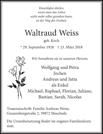 Anzeige von Waltraud Weiss von  Sonntags-Post 