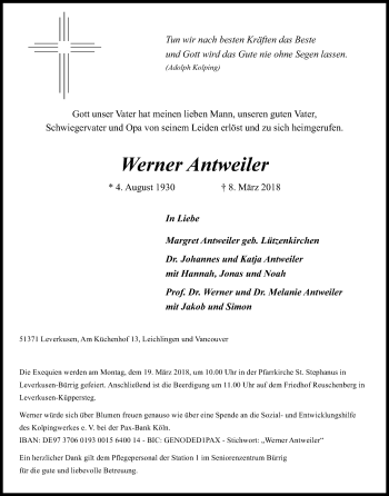 Anzeige von Werner Antweiler von Kölner Stadt-Anzeiger / Kölnische Rundschau / Express