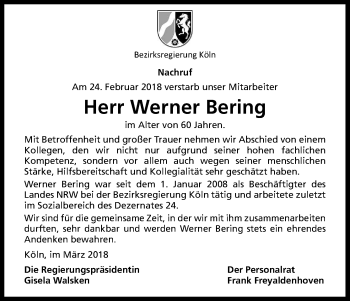 Anzeige von Werner Bering von Kölner Stadt-Anzeiger / Kölnische Rundschau / Express