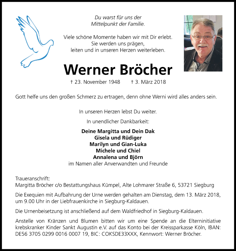  Traueranzeige für Werner Bröcher vom 10.03.2018 aus Kölner Stadt-Anzeiger / Kölnische Rundschau / Express