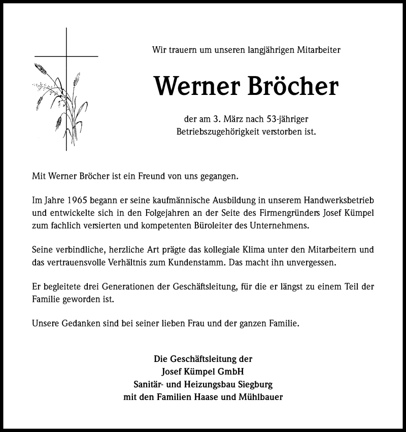  Traueranzeige für Werner Bröcher vom 10.03.2018 aus Kölner Stadt-Anzeiger / Kölnische Rundschau / Express