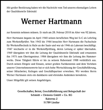 Anzeige von Werner Hartmann von Kölner Stadt-Anzeiger / Kölnische Rundschau / Express