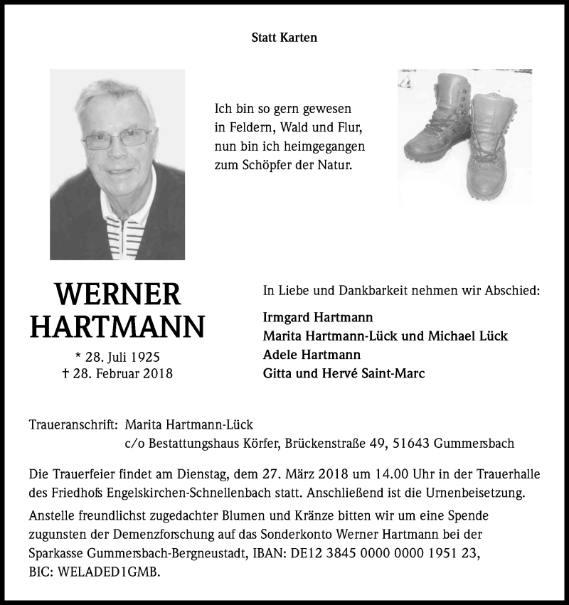  Traueranzeige für Werner Hartmann vom 21.03.2018 aus Kölner Stadt-Anzeiger / Kölnische Rundschau / Express