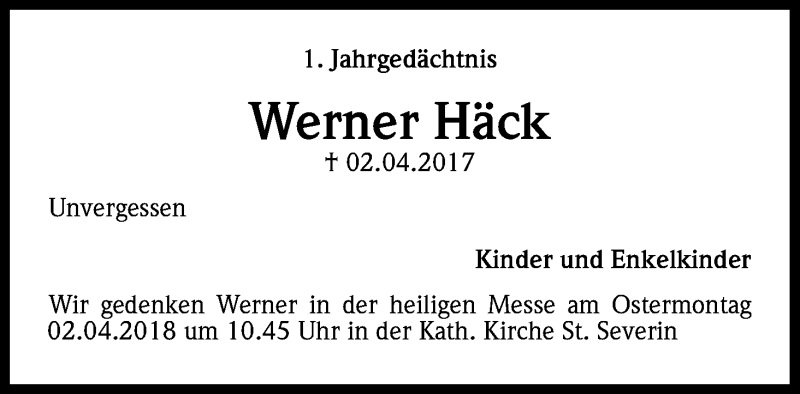  Traueranzeige für Werner Häck vom 31.03.2018 aus Kölner Stadt-Anzeiger / Kölnische Rundschau / Express