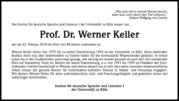 Anzeige von Werner  Keller von Kölner Stadt-Anzeiger / Kölnische Rundschau / Express