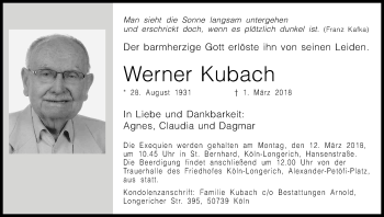 Anzeige von Werner Kubach von Kölner Stadt-Anzeiger / Kölnische Rundschau / Express
