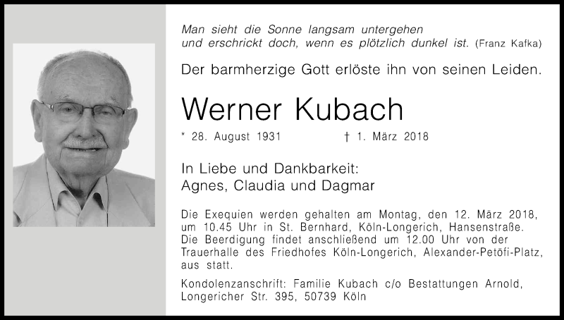  Traueranzeige für Werner Kubach vom 08.03.2018 aus Kölner Stadt-Anzeiger / Kölnische Rundschau / Express