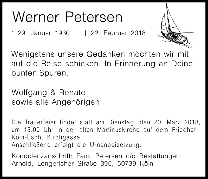  Traueranzeige für Werner Petersen vom 10.03.2018 aus Kölner Stadt-Anzeiger / Kölnische Rundschau / Express