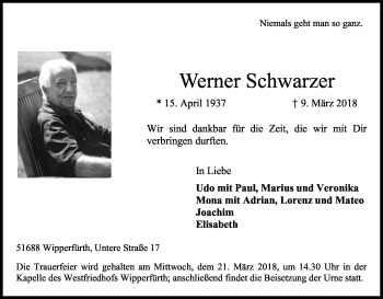 Anzeige von Werner Schwarzer von Kölner Stadt-Anzeiger / Kölnische Rundschau / Express