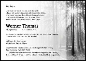 Anzeige von Werner Thomas von Kölner Stadt-Anzeiger / Kölnische Rundschau / Express