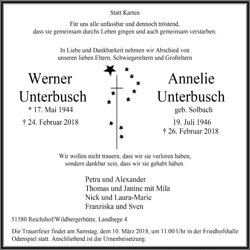  Traueranzeige für Werner  Unterbusch vom 07.03.2018 aus  Anzeigen Echo  Lokalanzeiger 