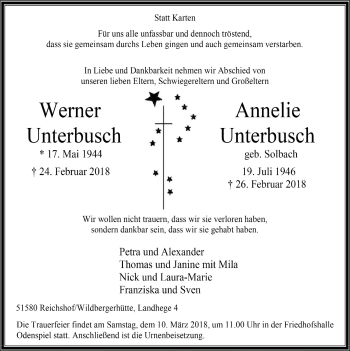 Anzeige von Werner  Unterbusch von  Anzeigen Echo  Lokalanzeiger 