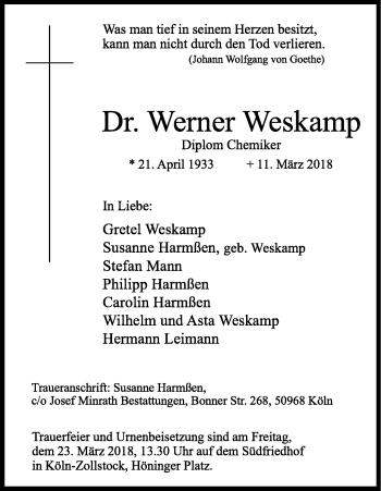 Anzeige von Werner Weskamp von Kölner Stadt-Anzeiger / Kölnische Rundschau / Express