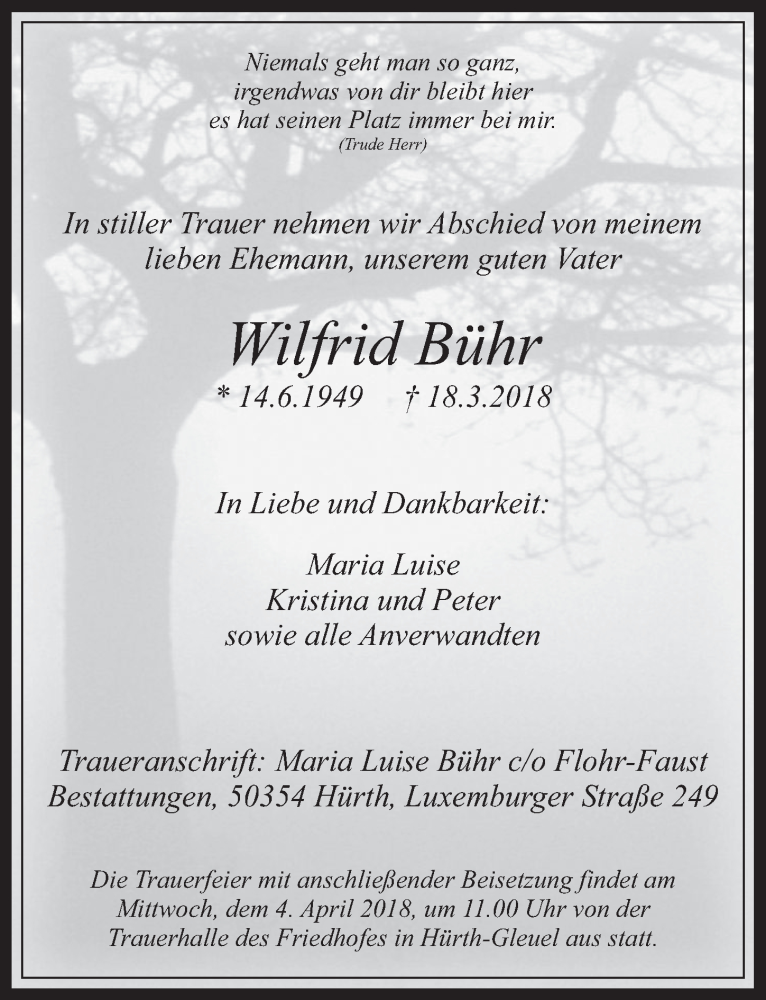  Traueranzeige für Wilfrid Bühr vom 28.03.2018 aus  Wochenende 