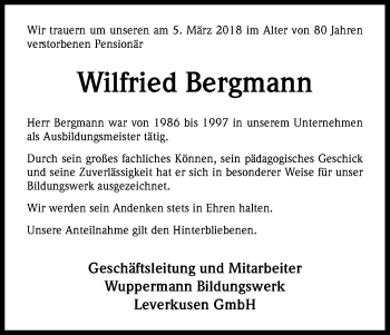 Anzeige von Wilfried Bergmann von Kölner Stadt-Anzeiger / Kölnische Rundschau / Express