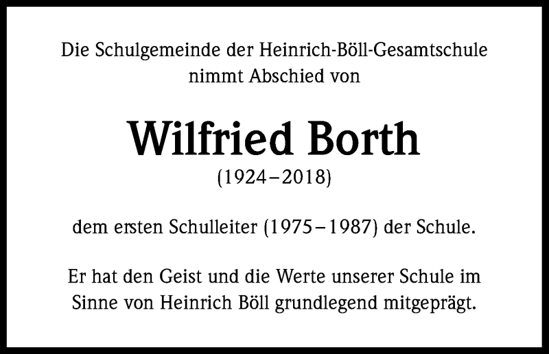  Traueranzeige für Wilfried Borth vom 03.03.2018 aus Kölner Stadt-Anzeiger / Kölnische Rundschau / Express