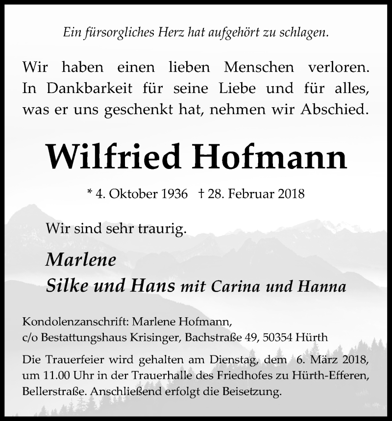  Traueranzeige für Wilfried Hofmann vom 03.03.2018 aus Kölner Stadt-Anzeiger / Kölnische Rundschau / Express