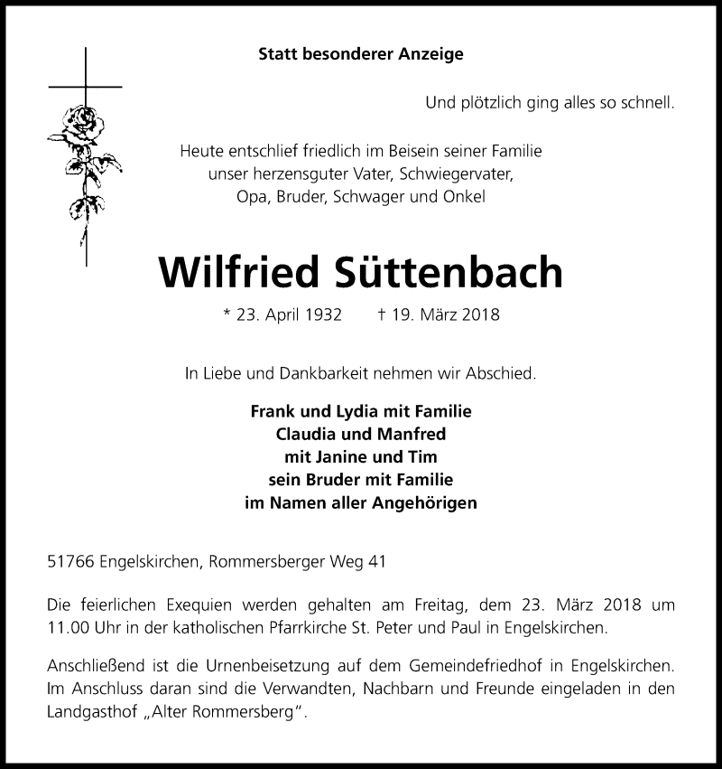  Traueranzeige für Wilfried Süttenbach vom 21.03.2018 aus Kölner Stadt-Anzeiger / Kölnische Rundschau / Express