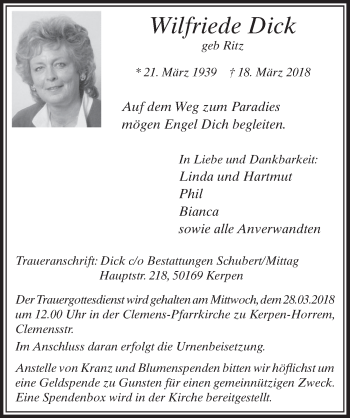 Anzeige von Wilfriede Dick von  Sonntags-Post 