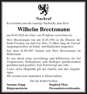 Anzeige von Wilhelm Breetzmann von  Wochenende 
