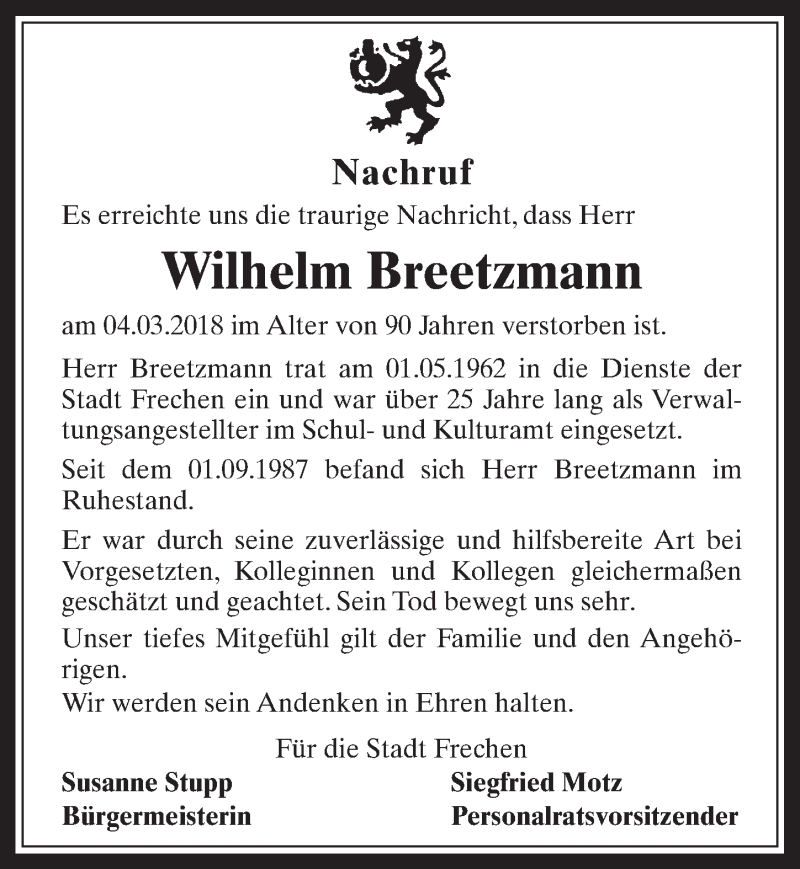  Traueranzeige für Wilhelm Breetzmann vom 14.03.2018 aus  Wochenende 