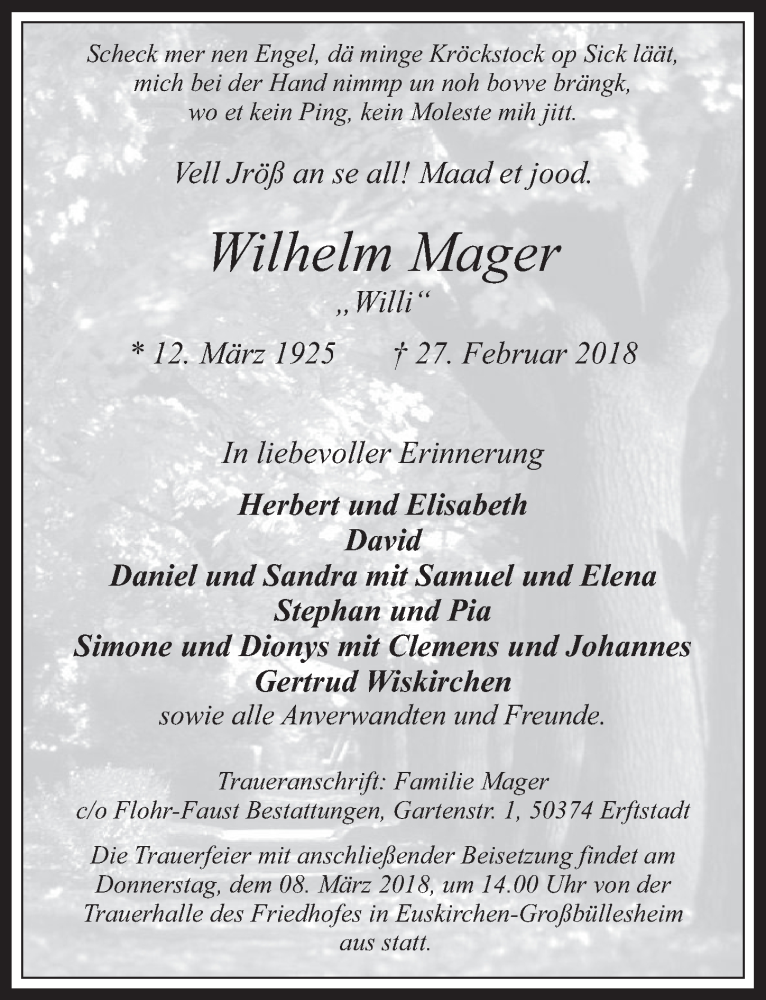  Traueranzeige für Wilhelm Mager vom 03.03.2018 aus  Blickpunkt Euskirchen 