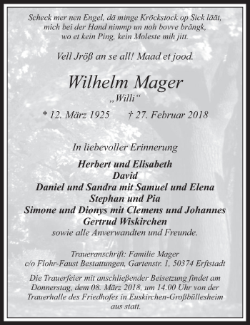 Anzeige von Wilhelm Mager von  Blickpunkt Euskirchen 