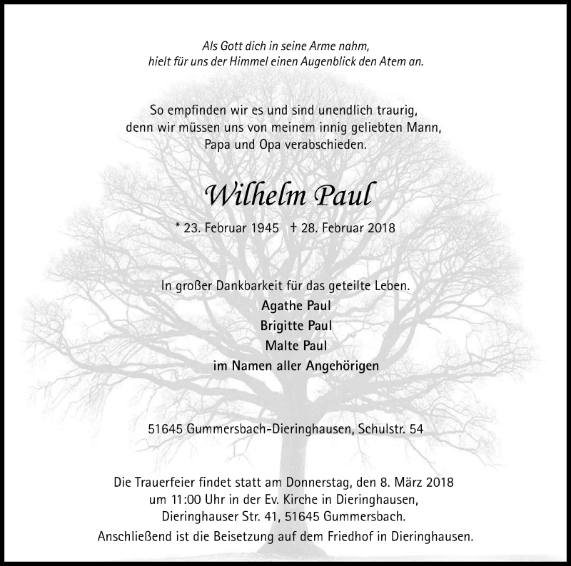  Traueranzeige für Wilhelm Paul vom 03.03.2018 aus Kölner Stadt-Anzeiger / Kölnische Rundschau / Express