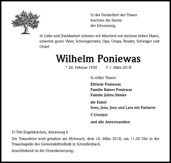 Anzeige von Wilhelm Poniewas von Kölner Stadt-Anzeiger / Kölnische Rundschau / Express