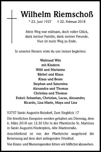Anzeige von Wilhelm Riemschoß von Kölner Stadt-Anzeiger / Kölnische Rundschau / Express